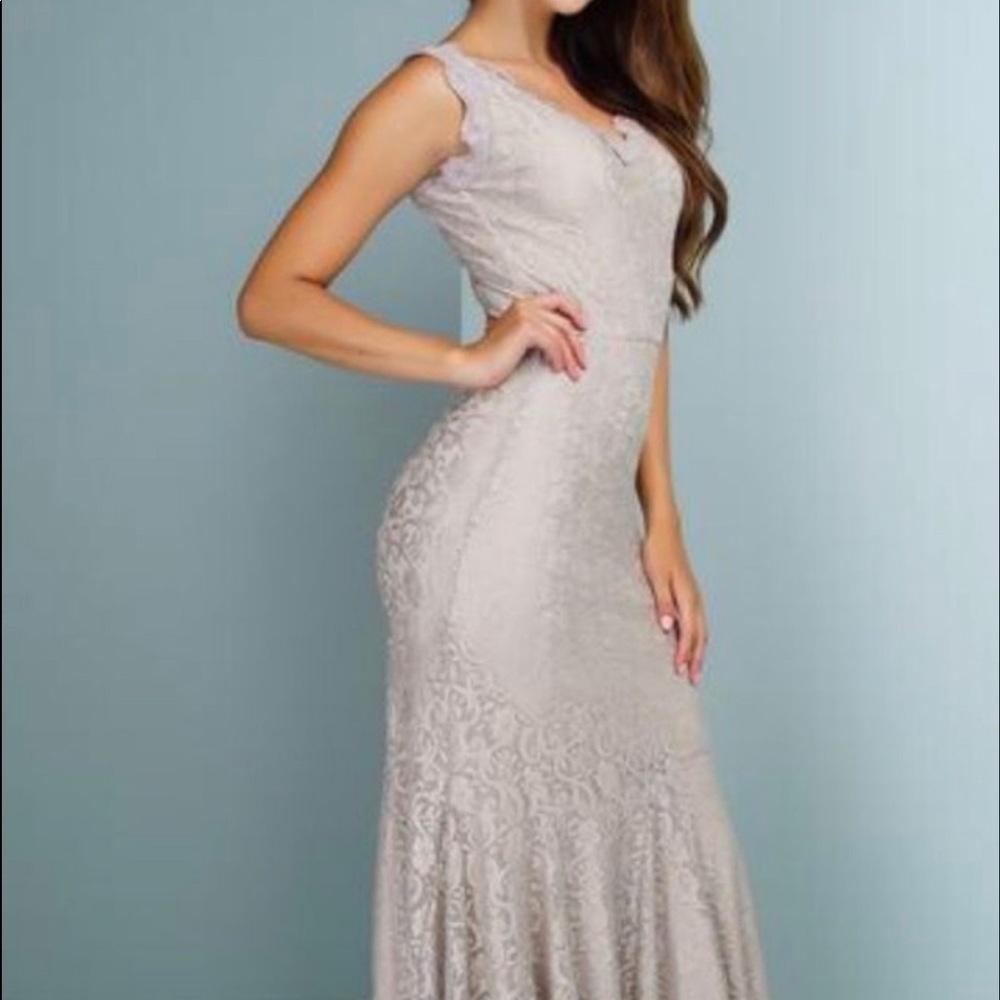 Champagne cap sleeve lace gown